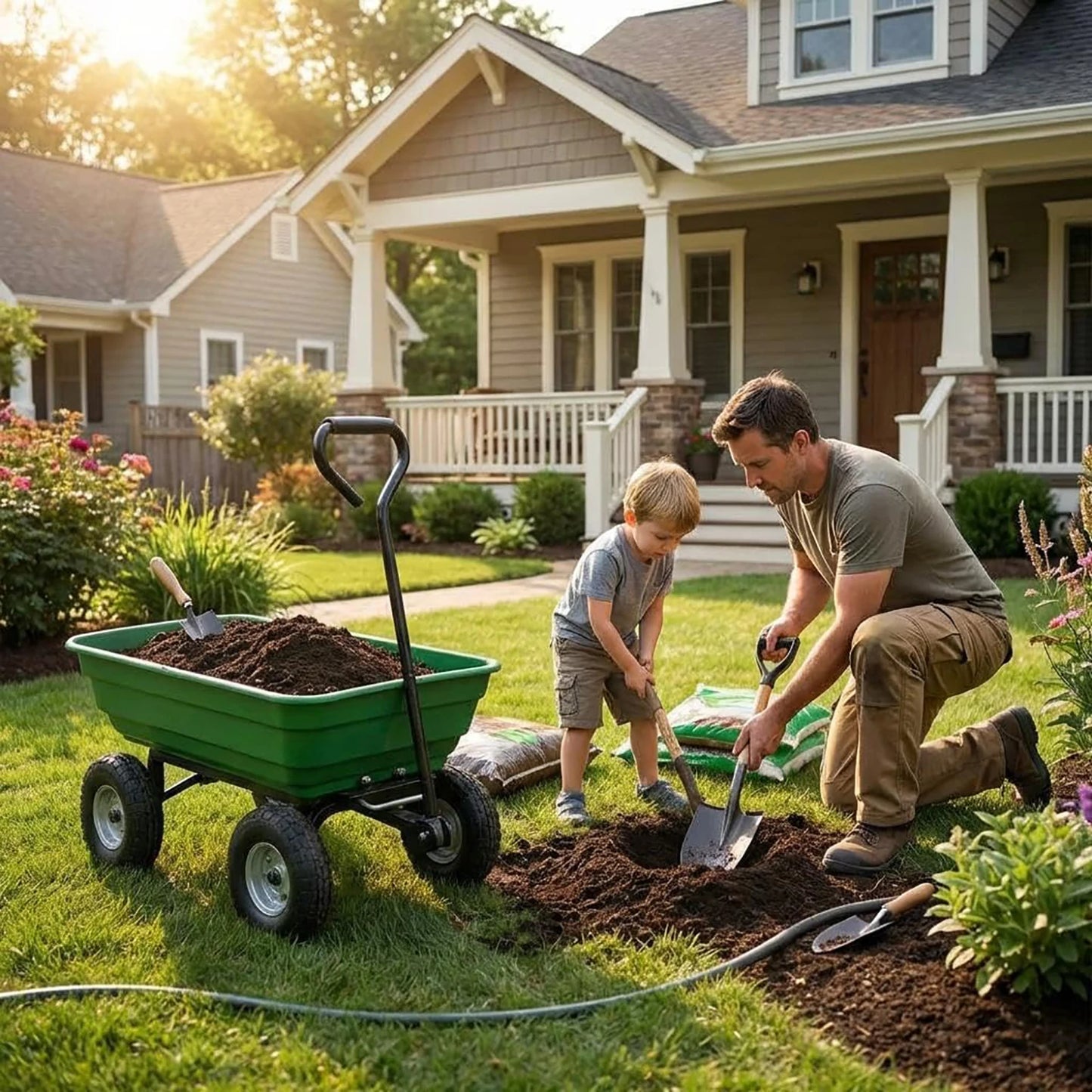 Heavy Duty 4 Wheel Garden Dump Cart 600 lb Utility Wheelbarrow Wagon With Poly Bed D-Handle For Yard Lawn Landscaping