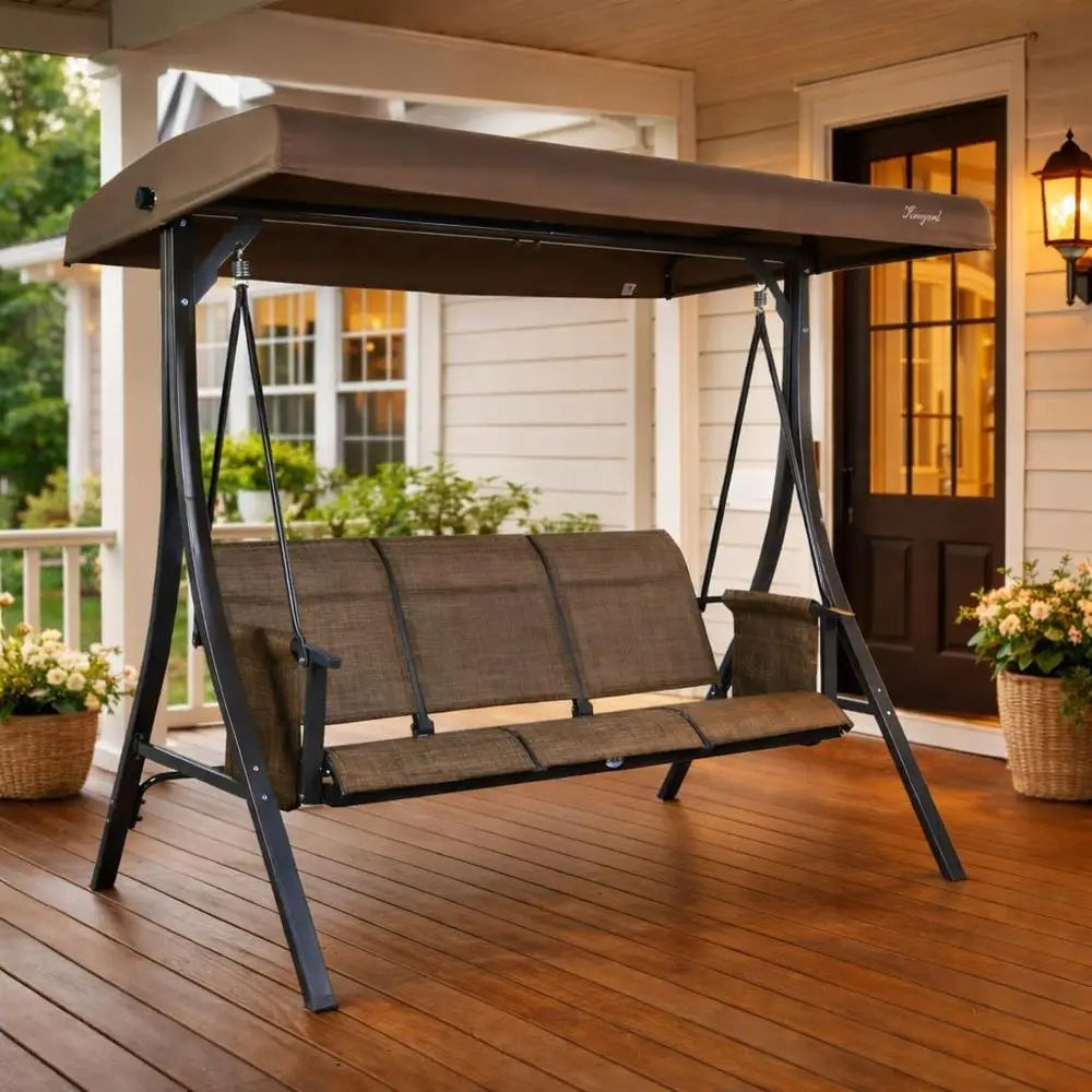 3-Seat Outdoor Porch Swing Glider With Adjustable Steel Frame