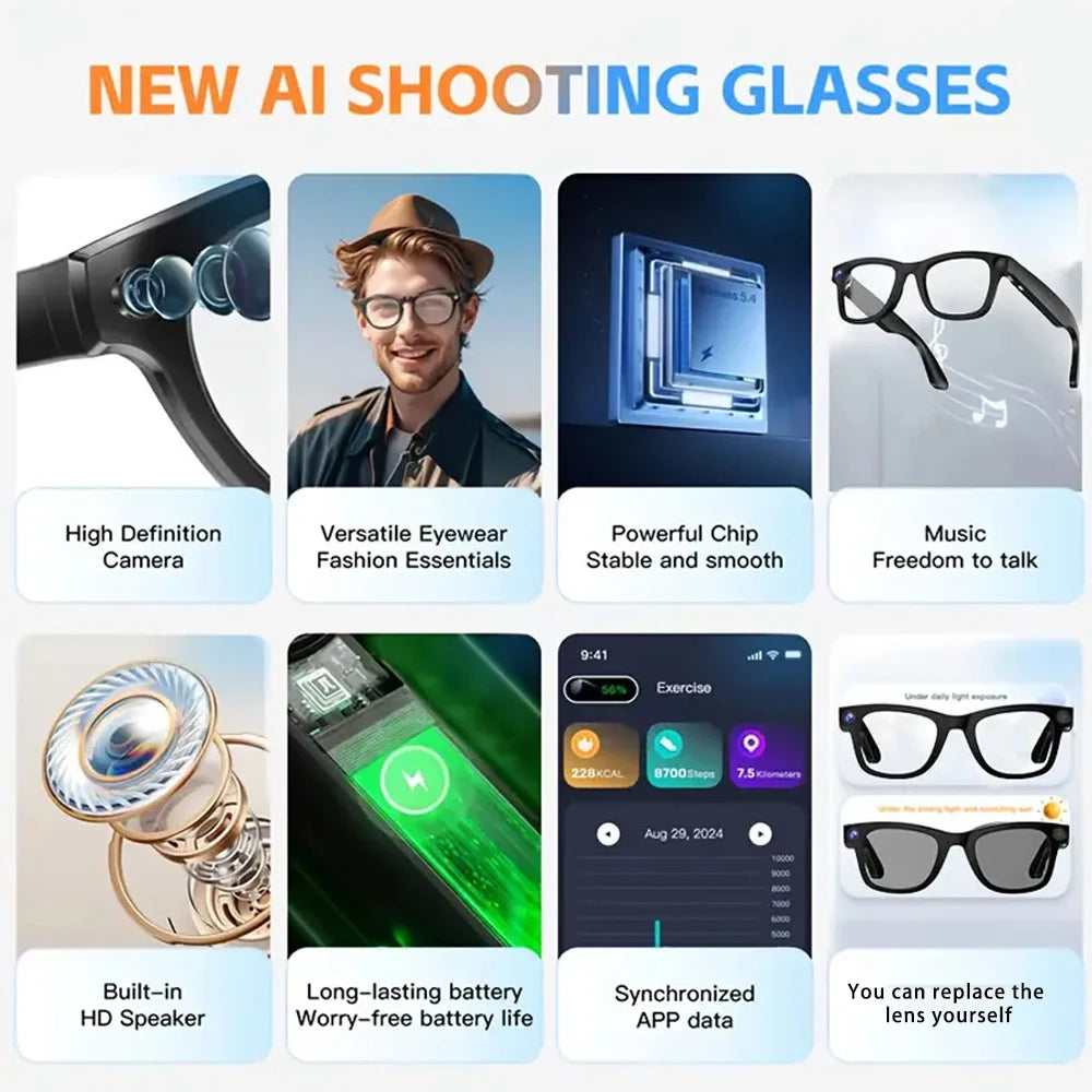 SENBONO Smart Glasses AI Translator 8MP 4K Camera Video Capture