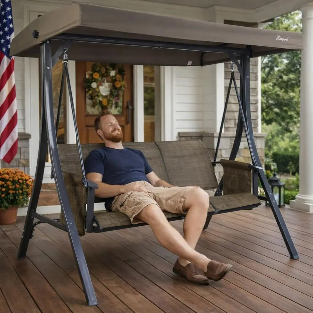 3-Seat Outdoor Porch Swing Glider With Adjustable Steel Frame