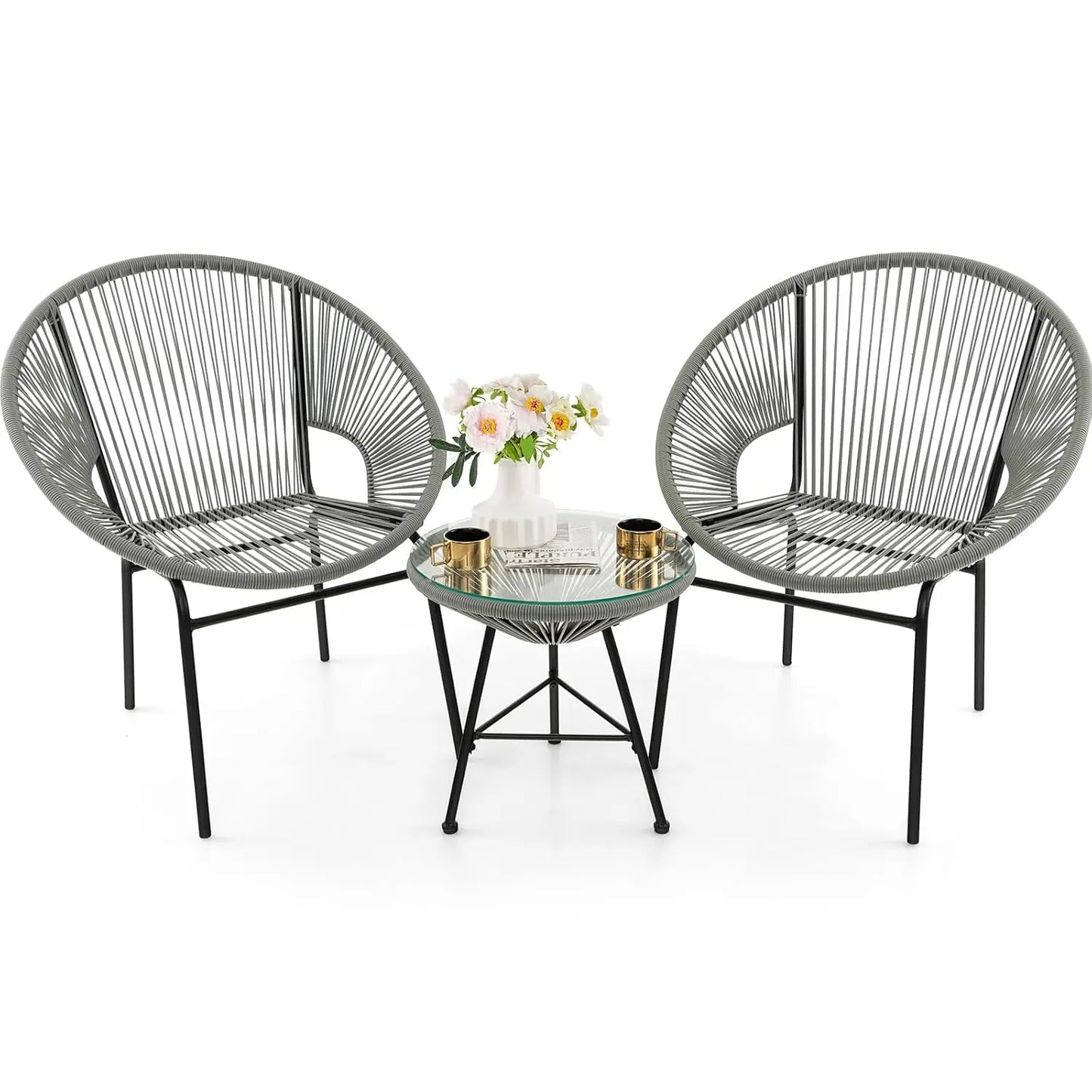 3 Piece Outdoor Patio Furniture Set, Acapulco Chair Set w/Plastic Rope, Tempered Glass Table, Customized