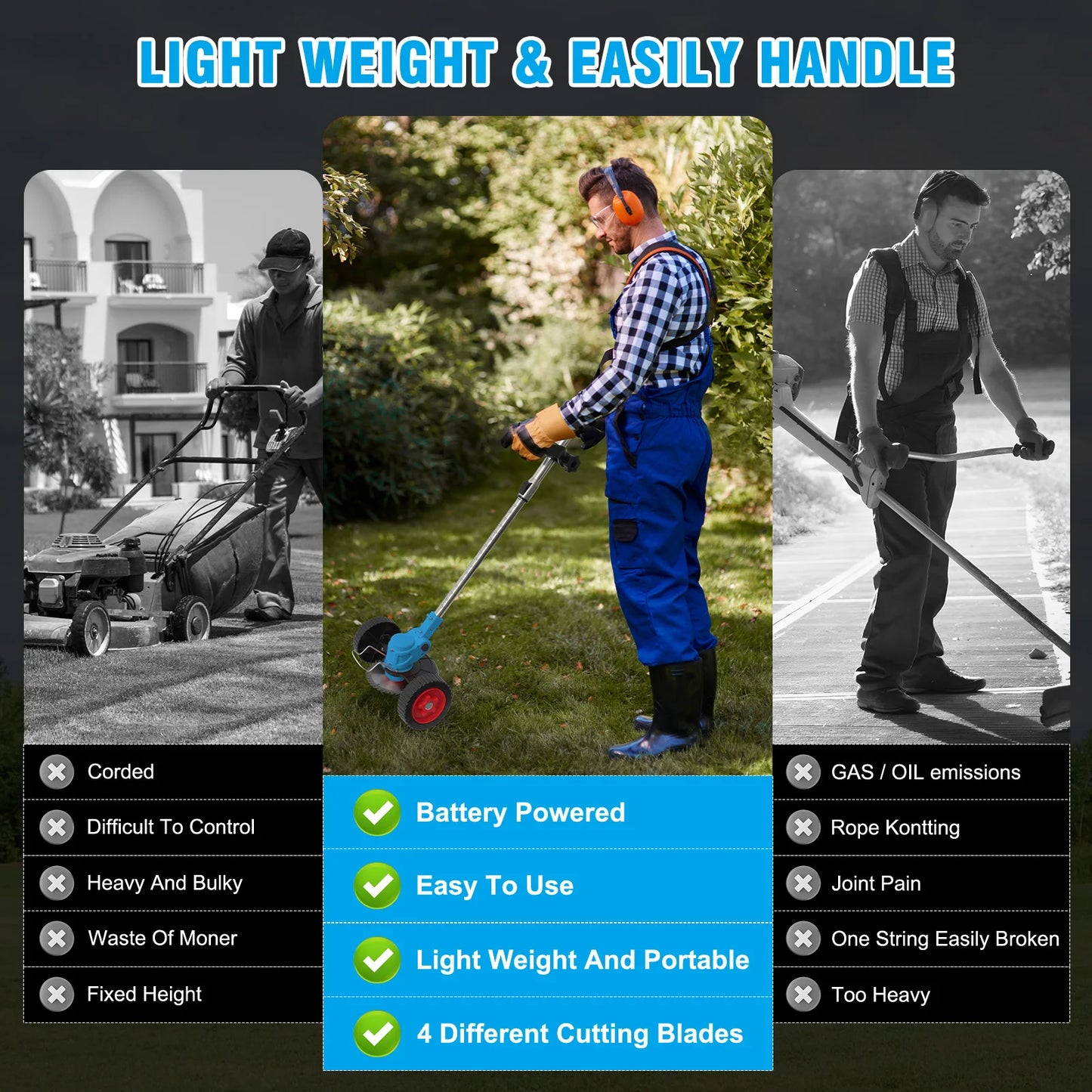 21V Cordless Lawn Mower 3-In-1 Edger And Brush Cutter With 2x2.0Ah Batteries