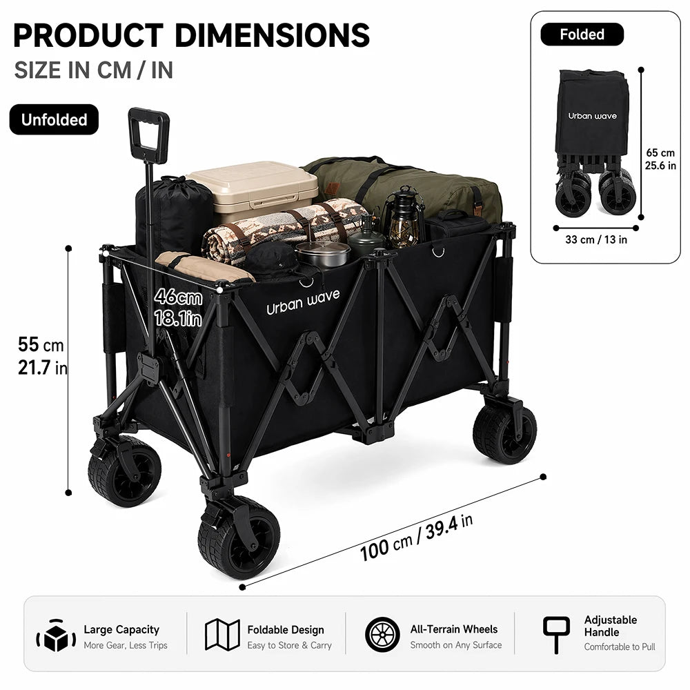 Heavy-Duty Folding Beach Cart - 680LBS Capacity, LargeAll-Terrain Sand Wheels, Cup Holder, 360° Maneuverability -Ideal for Camping, Gardening, Outdoor Sports EquipmentTransport