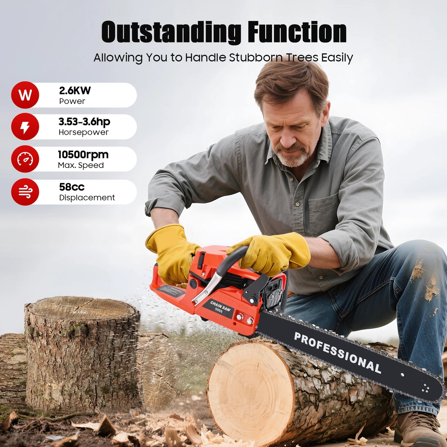 Gas Chainsaw Two Stroke High Performance For Wood Cutting And Pruning