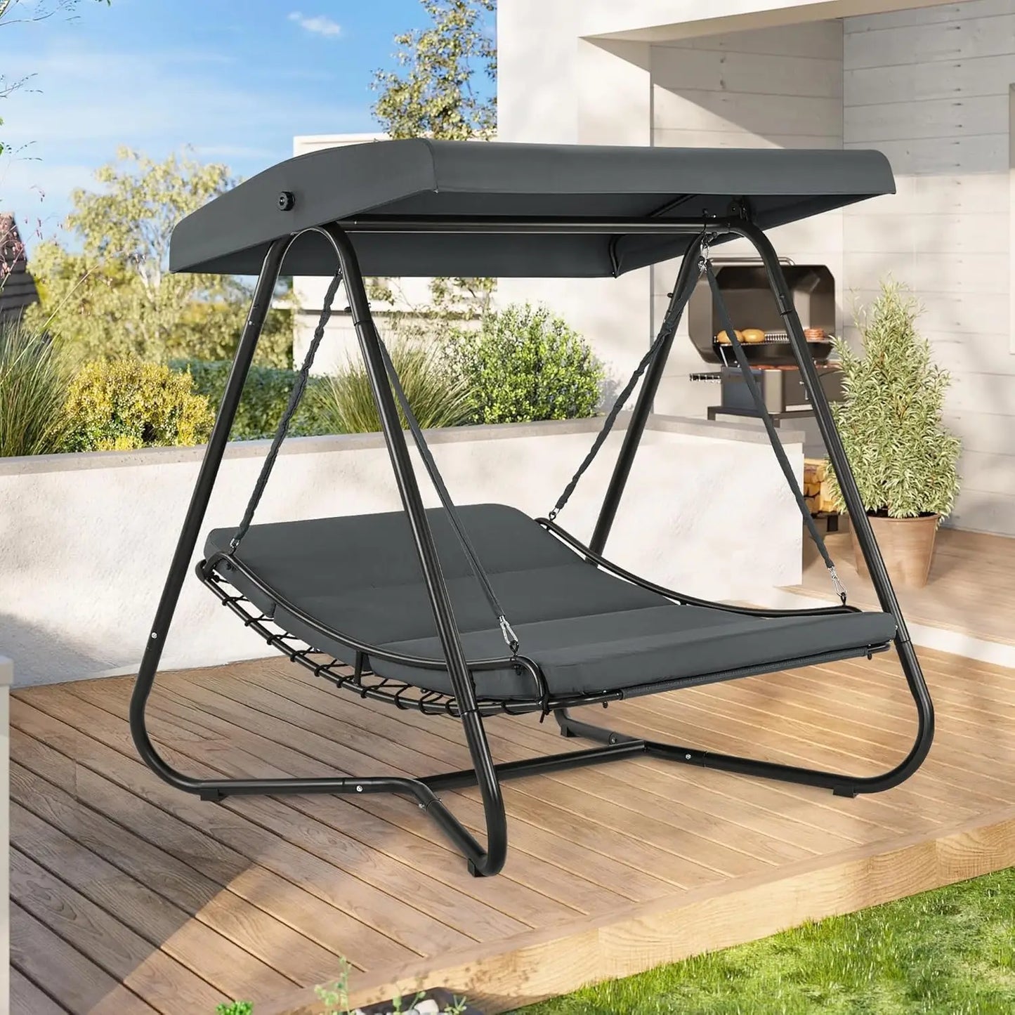 Hammock Swing Chair Recliner With Adjustable Canopy Cushioned Outdoor Patio