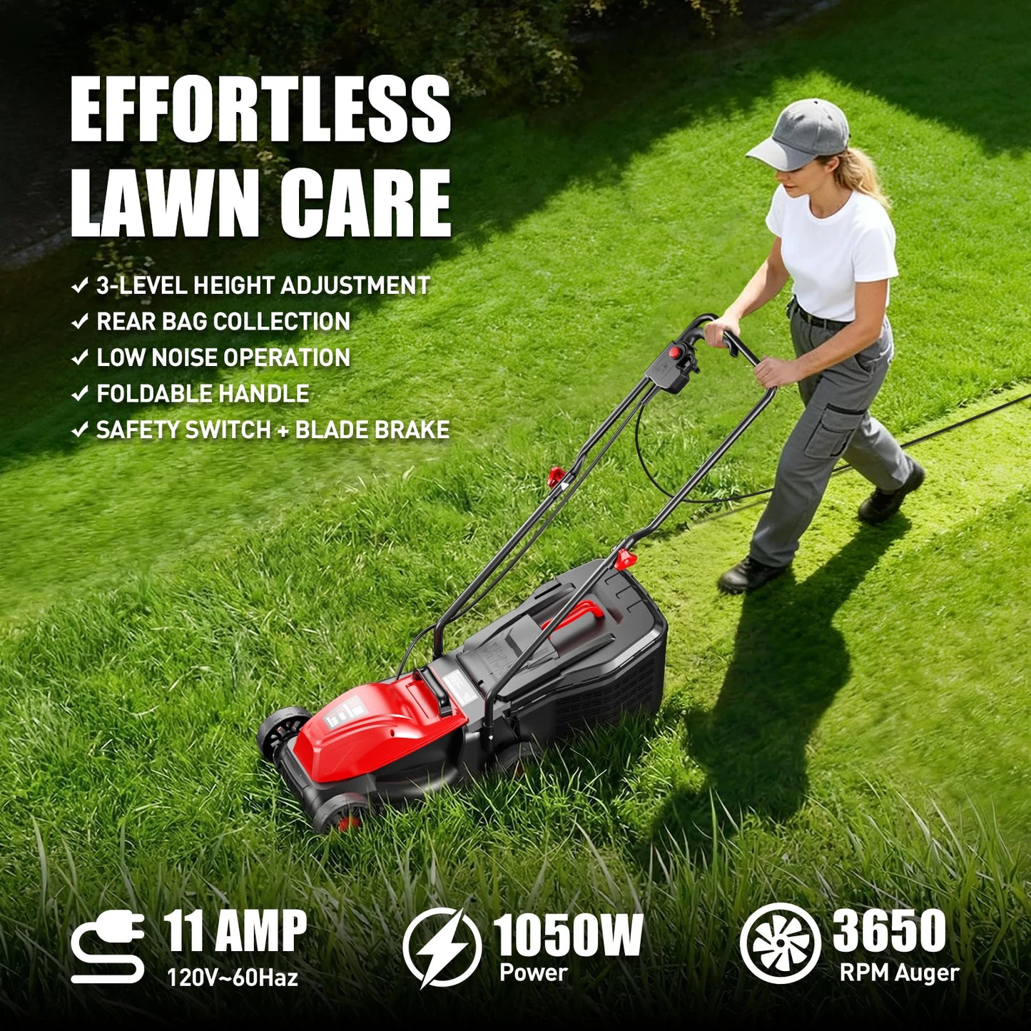 Jetting Corded Electric Lawn Mower 2in1 Mulching 25L Bag Three Position Height