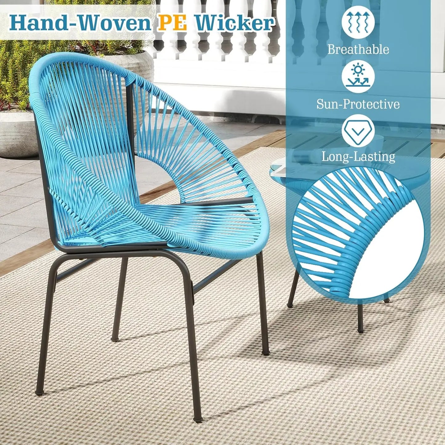 3 Piece Outdoor Patio Furniture Set, Acapulco Chair Set w/Plastic Rope, Tempered Glass Table, Customized