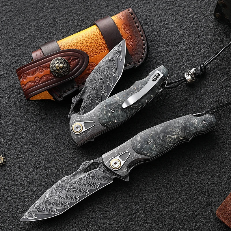 ALVELY DIY Supplies Folding Knife Damascus Steel Outdoor EDC Camping Hunting