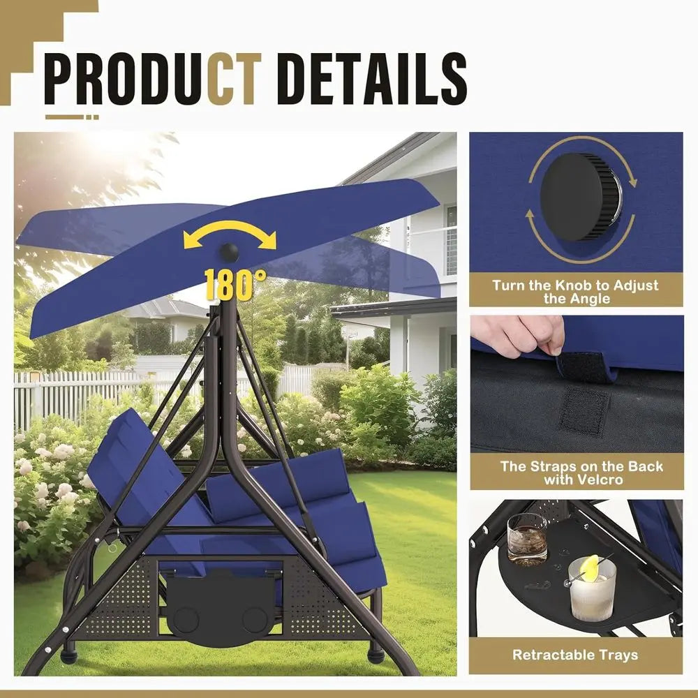 Three Seat Outdoor Porch Swing With Cushions And Cup Holders