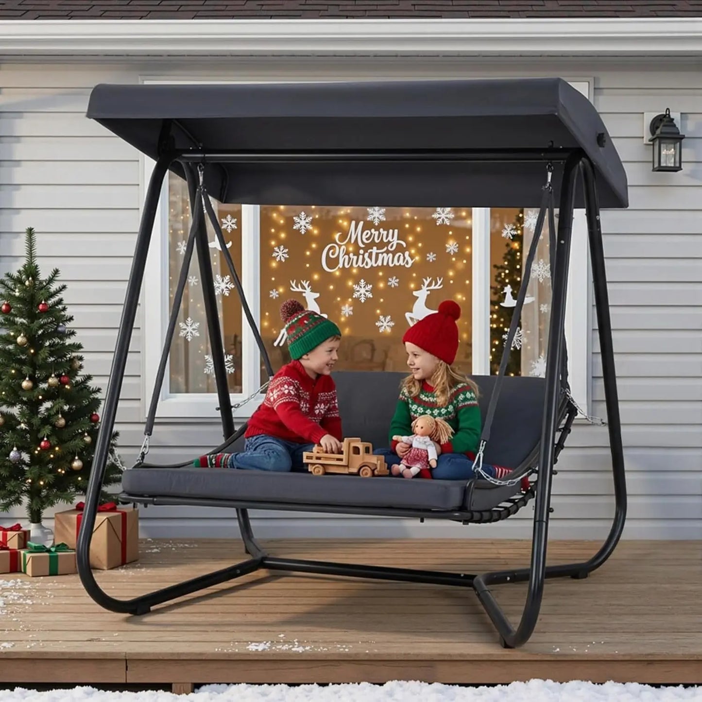 Hammock Swing Chair Recliner With Adjustable Canopy Cushioned Outdoor Patio