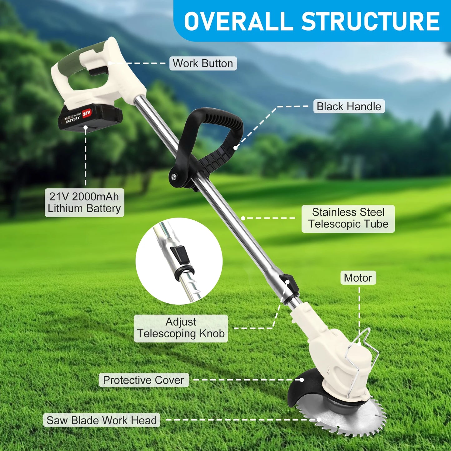 Cordless 21V Grass Trimmer Edger Mower 3-In-1 Tool
