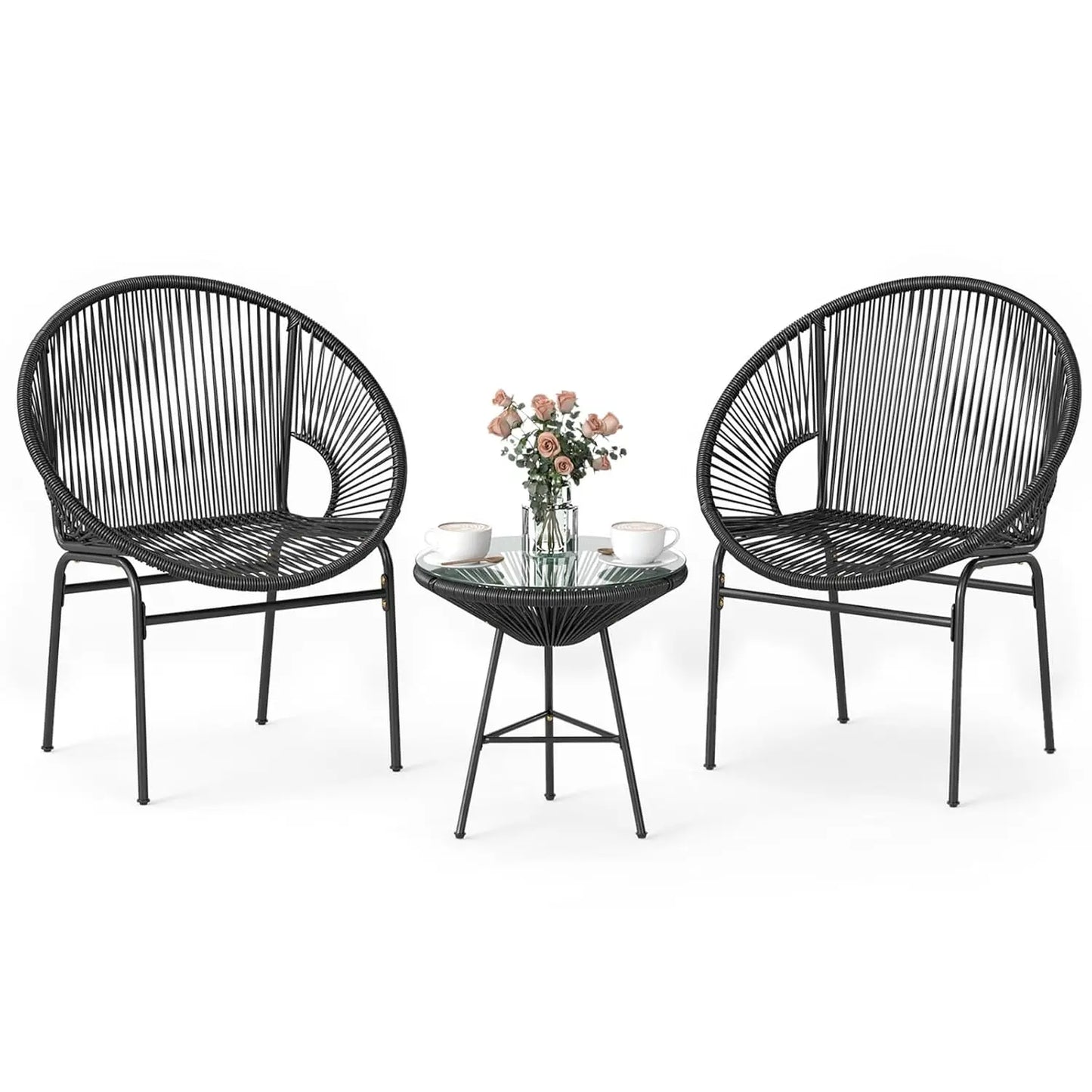 3 Piece Outdoor Patio Furniture Set, Acapulco Chair Set w/Plastic Rope, Tempered Glass Table, Customized