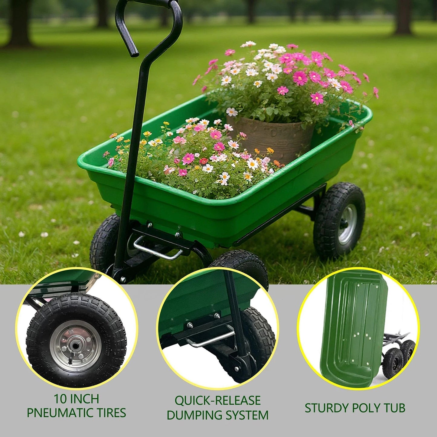 Heavy Duty 4 Wheel Garden Dump Cart 600 lb Utility Wheelbarrow Wagon With Poly Bed D-Handle For Yard Lawn Landscaping