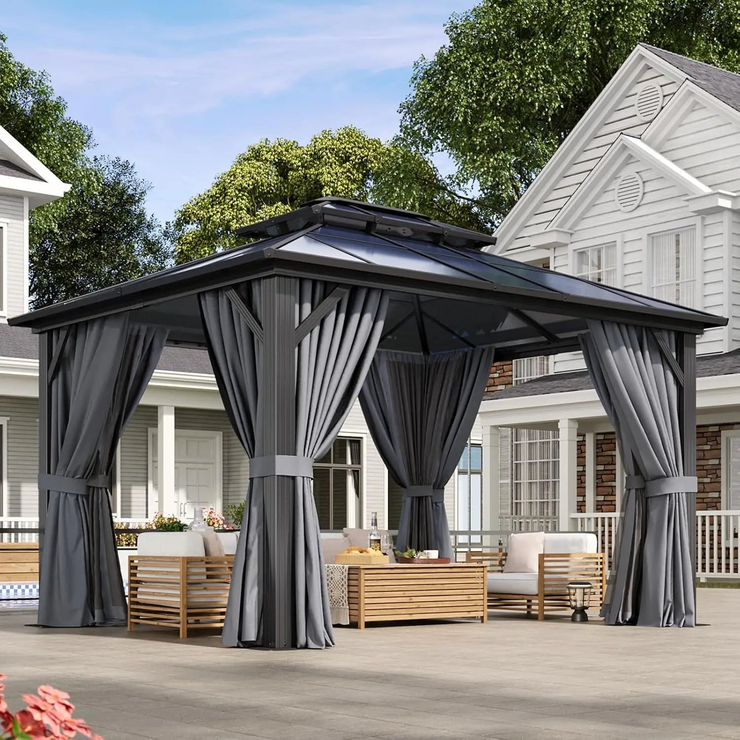 12x10 Hardtop Gazebo Aluminum Frame Polycarbonate Double Roof Curtains Netting Garden Lawn Patio Custom
