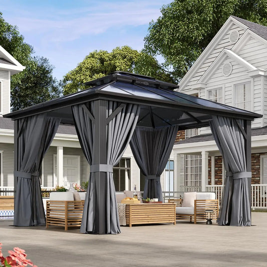 12x10 Hardtop Gazebo Aluminum Frame Polycarbonate Double Roof Curtains Netting Garden Lawn Patio Custom