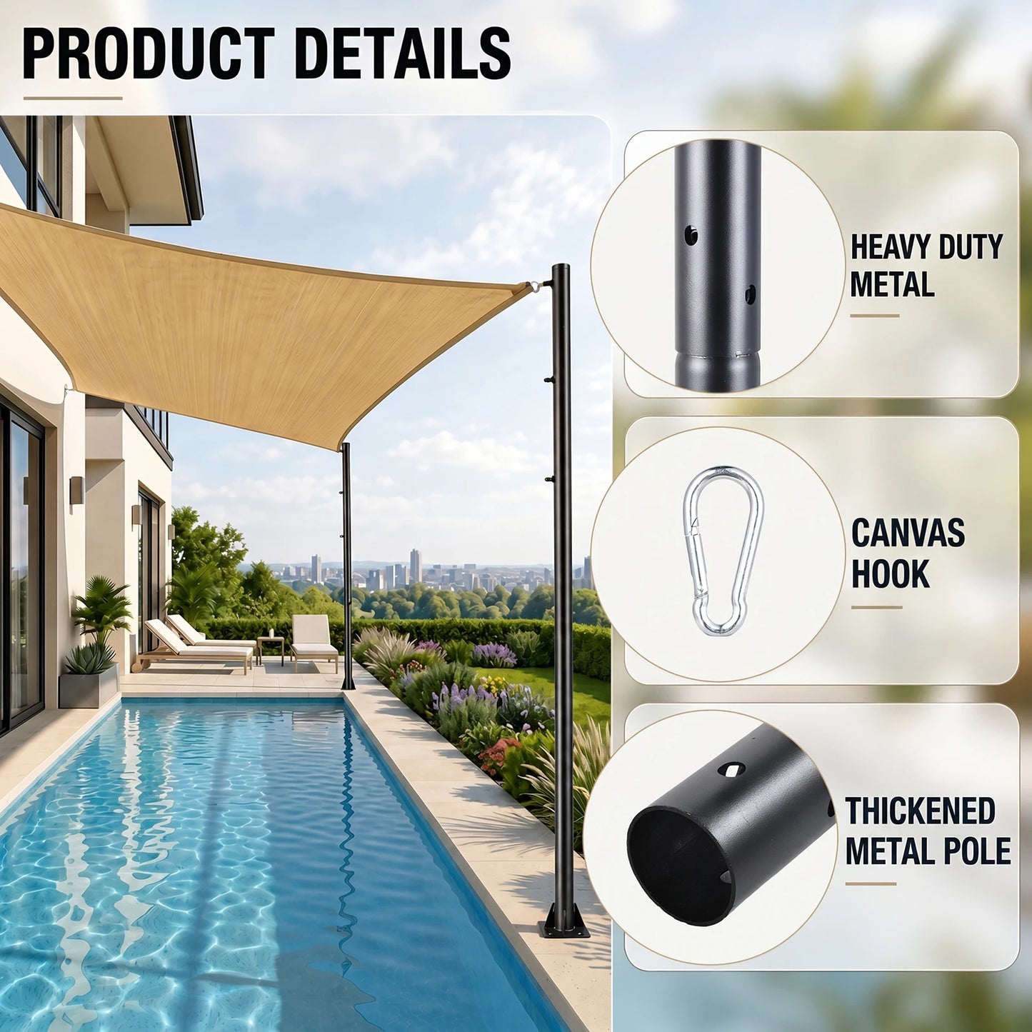 Sun Shade Poles | Rust Proof Thickened 10ft Diameter 2.3in Steel Post | Canopy Support Poles with Carabiner Hooks | for Outdoor Patio Garden Backyard Balcony Camping