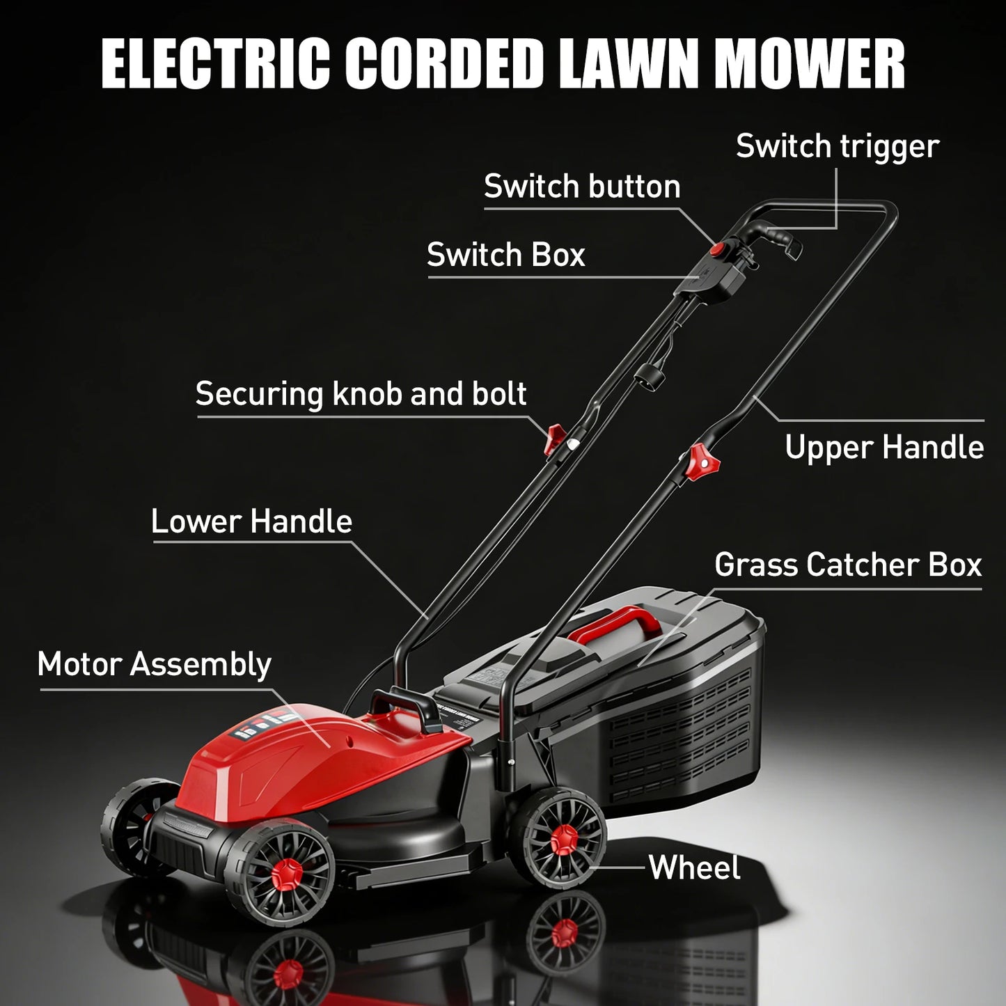 Jetting Corded Electric Lawn Mower 2in1 Mulching 25L Bag Three Position Height