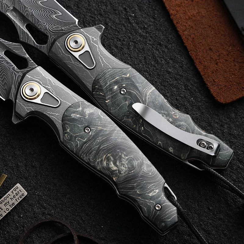 ALVELY DIY Supplies Folding Knife Damascus Steel Outdoor EDC Camping Hunting