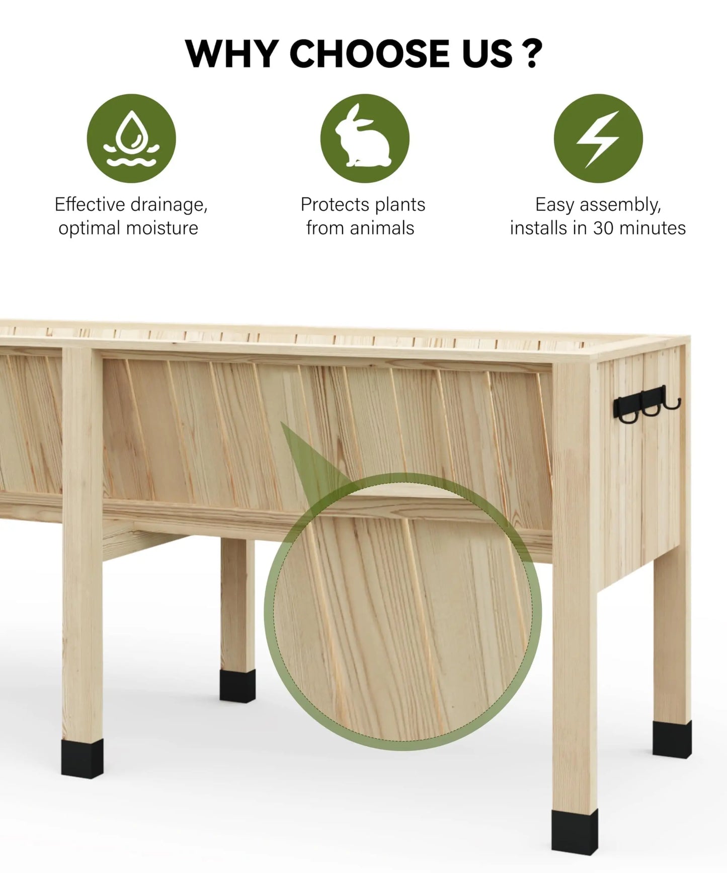 HiMISS Raised Wooden Garden Bed With Tool Hooks And Legs