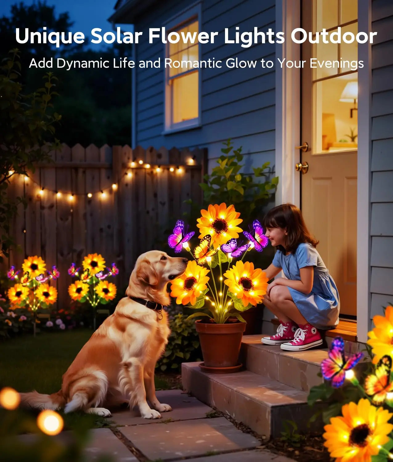 Solar Garden Lights Outdoor Decor, Upgraded 4 Pack Solar Sunflower Lights with 16 Butterflies, Solar Flowers Outdoor Waterproof for Yard Lawn Garden Decor, Sunflower Gifts for Mom Women Grandma