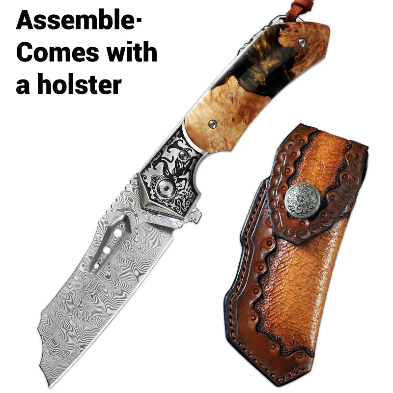 Damascus Steel Pocket Folding Knife With Resin Maple Handle