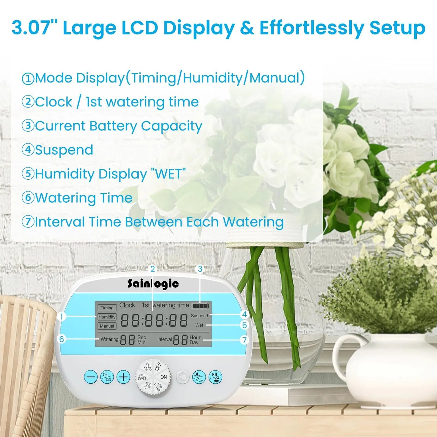 Sainlogic Drip Irrigation Kit, Auto Plant Watering System, Anti-Siphoning Device, 15 Pots DIY Timer Pump for Indoor Garden