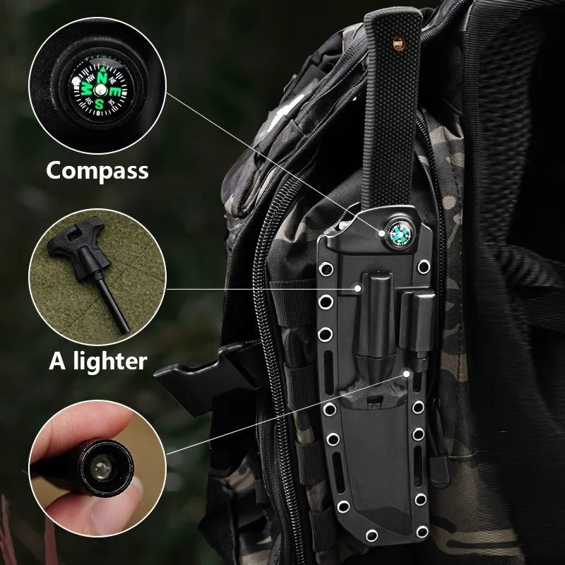 Survival Knife With Illuminated Sheath Compass Flint Rubber Handle