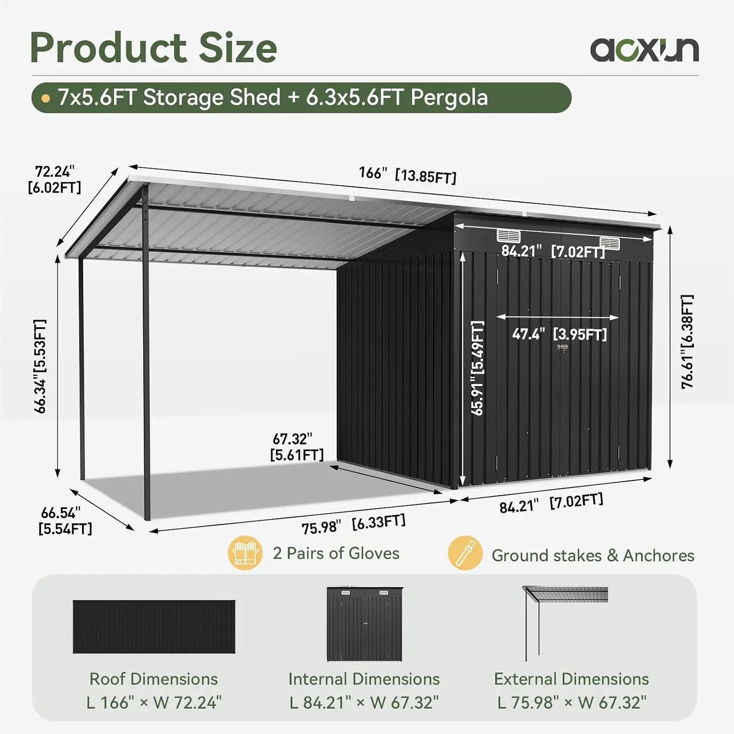 7x6FT Outdoor Storage Shed & Hardtop Canopy Gazebo Combo | 13.3x5.6FT Metal Lean to Shed, 2-in-1 Garden Bike Shed, Customized