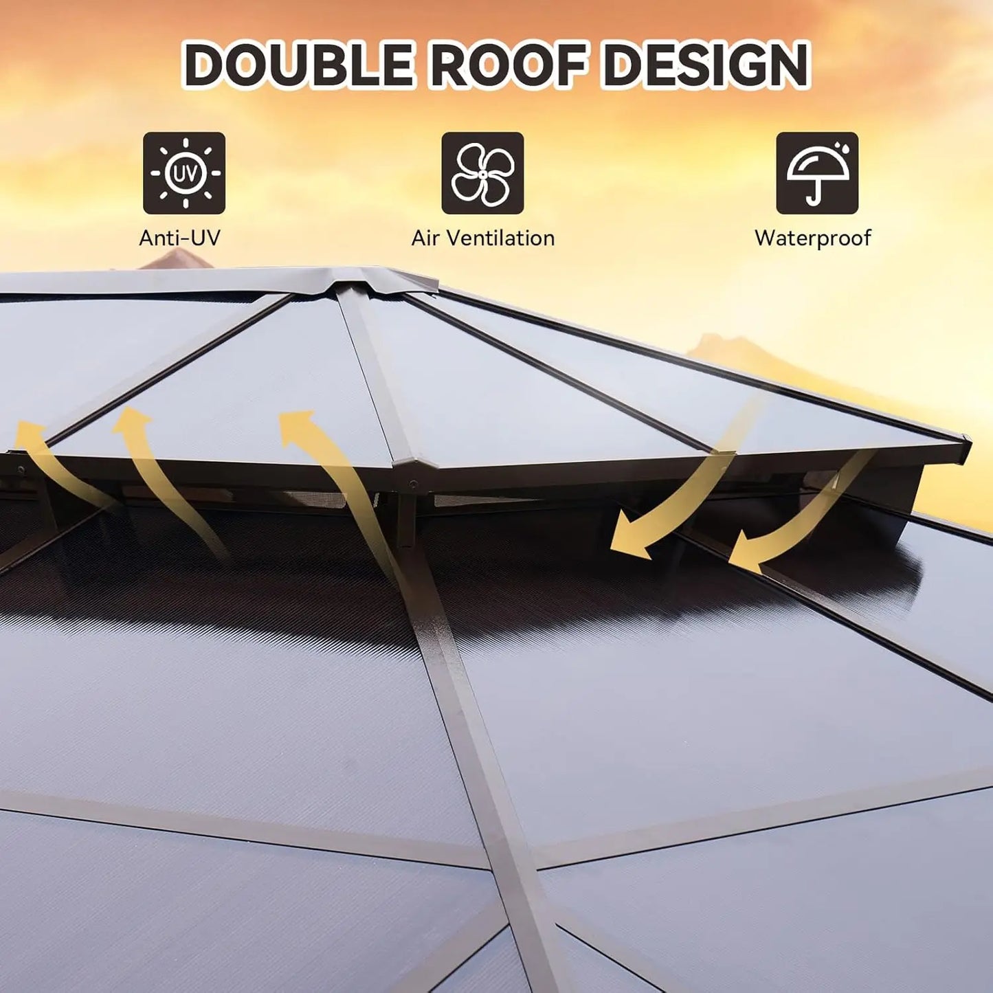12x16 Hardtop Gazebo Outdoor Metal Double Polycarbonate Roof Netting Curtains Lawn Garden Patio Brown, Custom
