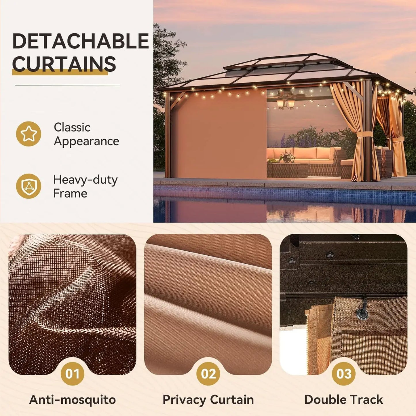 12x16 Hardtop Gazebo Outdoor Metal Double Polycarbonate Roof Netting Curtains Lawn Garden Patio Brown, Custom