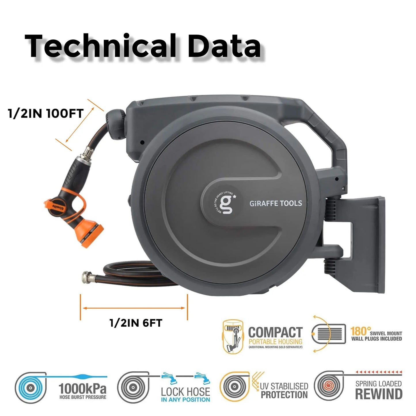 Giraffe Tools AW30 Garden Hose Reel Retractable Wall Mounted