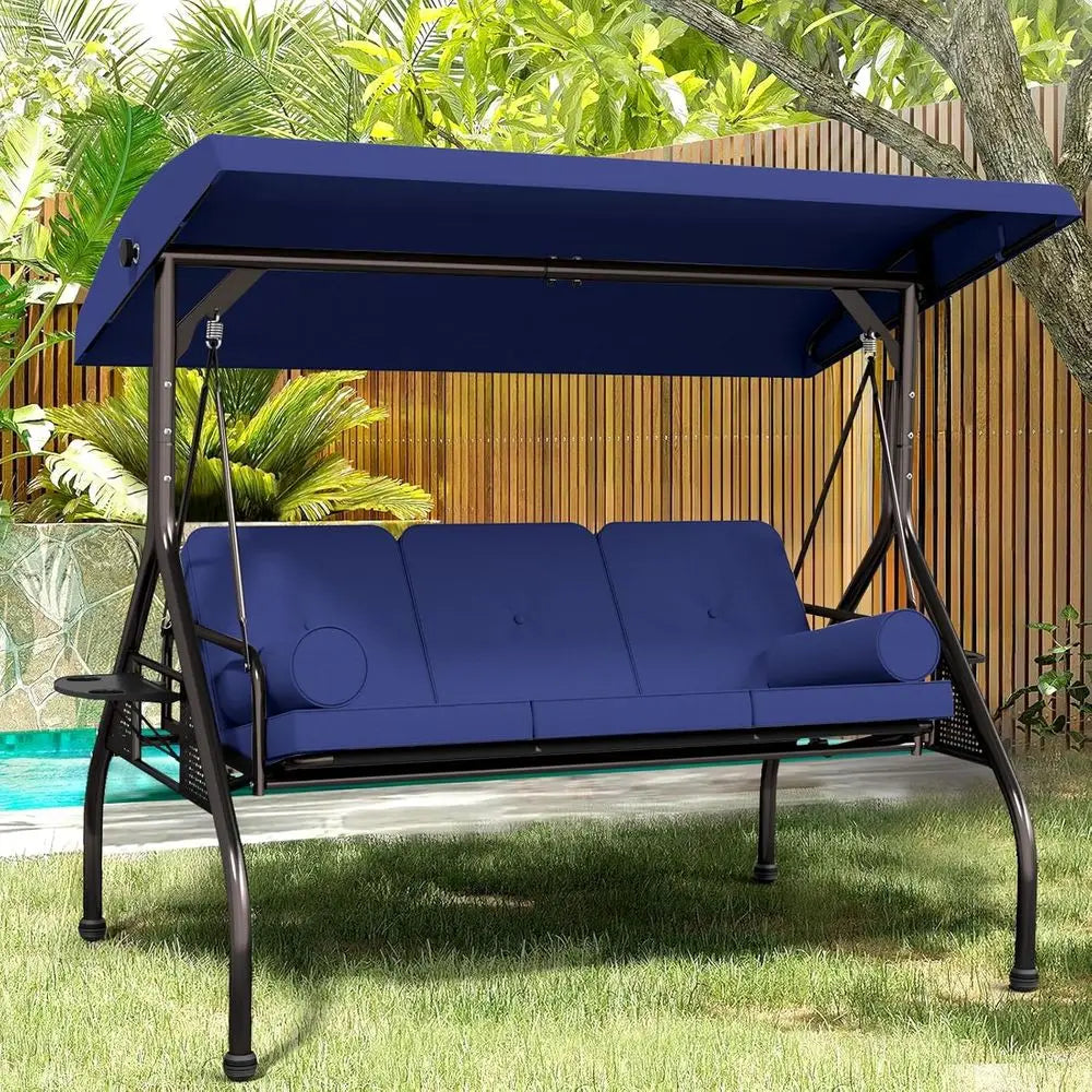 Three Seat Outdoor Porch Swing With Cushions And Cup Holders