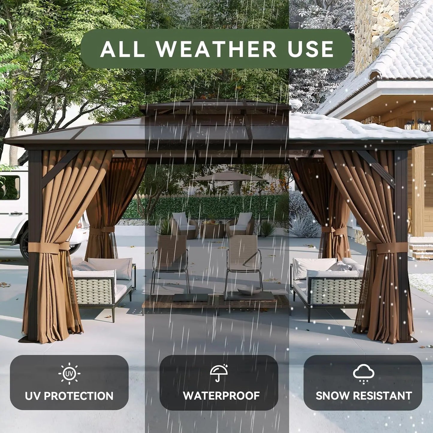 12x10 Hardtop Gazebo Aluminum Frame Polycarbonate Double Roof Curtains Netting Garden Lawn Patio Custom