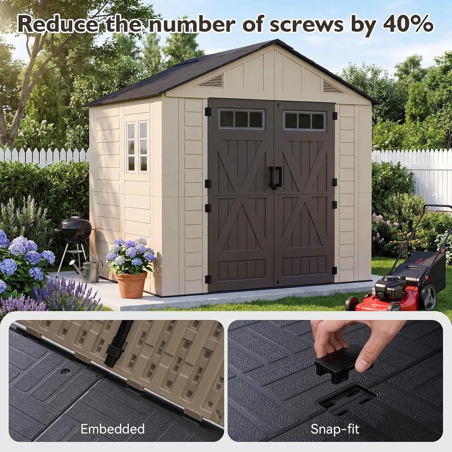 8x6ft Large Resin Outdoor Storage Shed with Floor, Lockable Door & Windows, HDPE for Garden, Custom