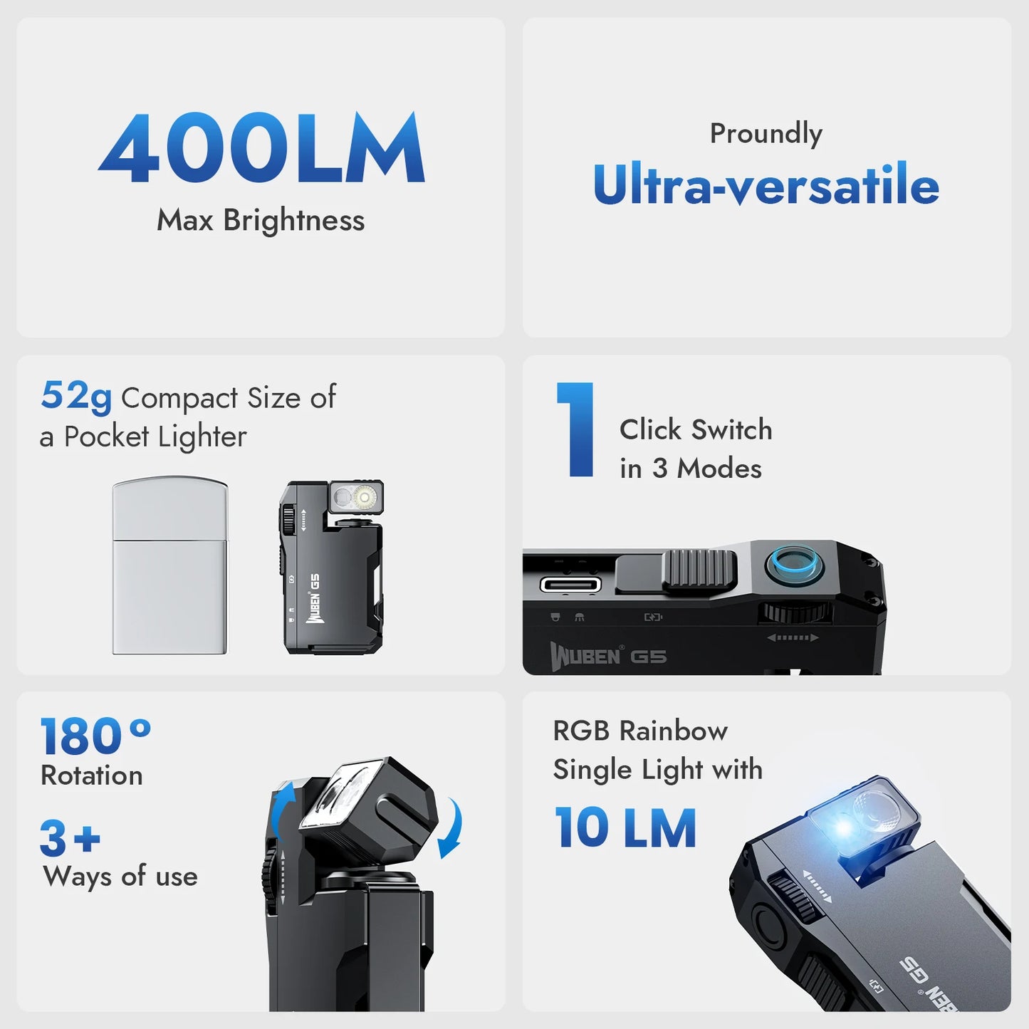 WUBEN G5 Rechargeable EDC Flashlight 400 Lumens RGB Light