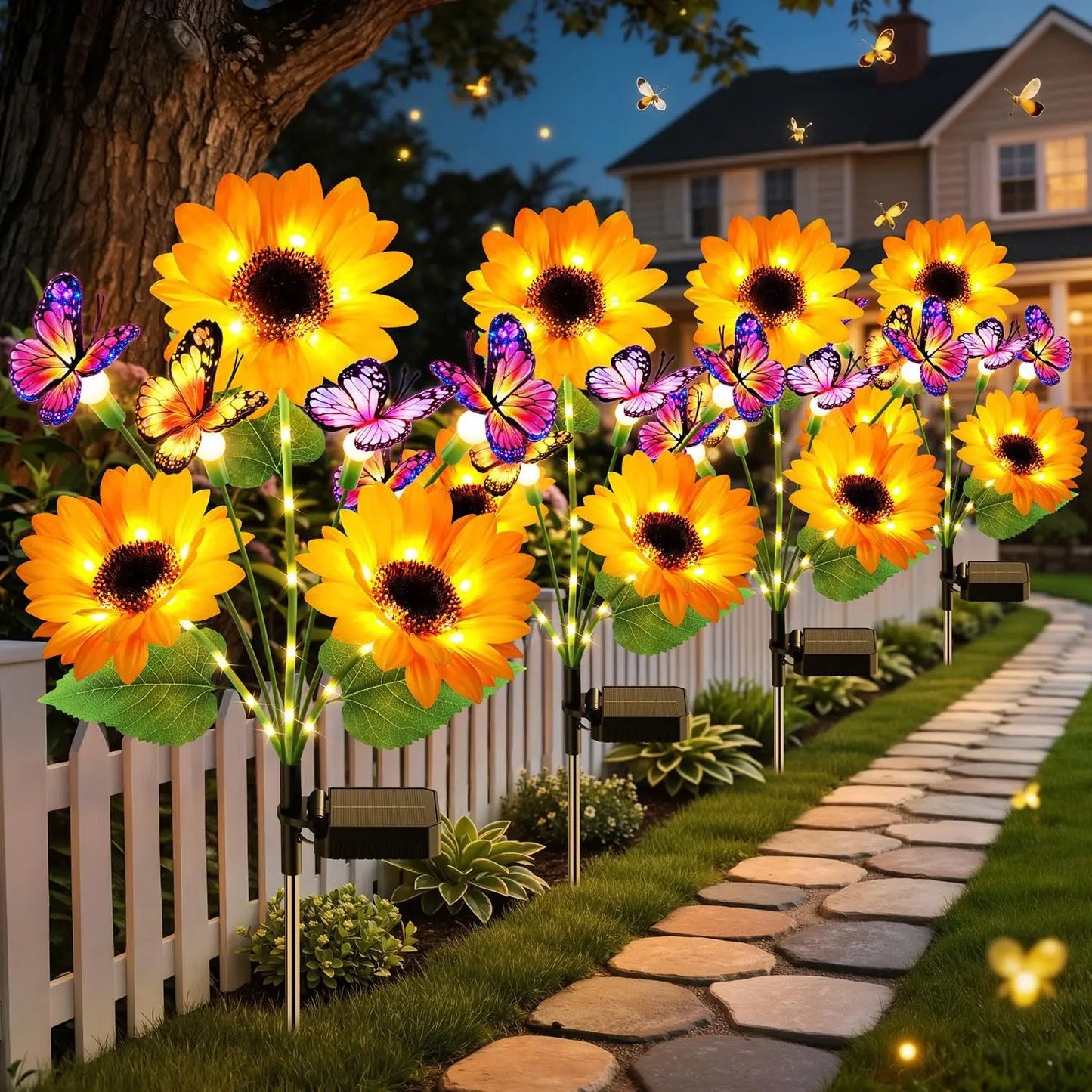 Solar Garden Lights Outdoor Decor, Upgraded 4 Pack Solar Sunflower Lights with 16 Butterflies, Solar Flowers Outdoor Waterproof for Yard Lawn Garden Decor, Sunflower Gifts for Mom Women Grandma