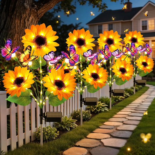 Solar Garden Lights Outdoor Decor, Upgraded 4 Pack Solar Sunflower Lights with 16 Butterflies, Solar Flowers Outdoor Waterproof for Yard Lawn Garden Decor, Sunflower Gifts for Mom Women Grandma
