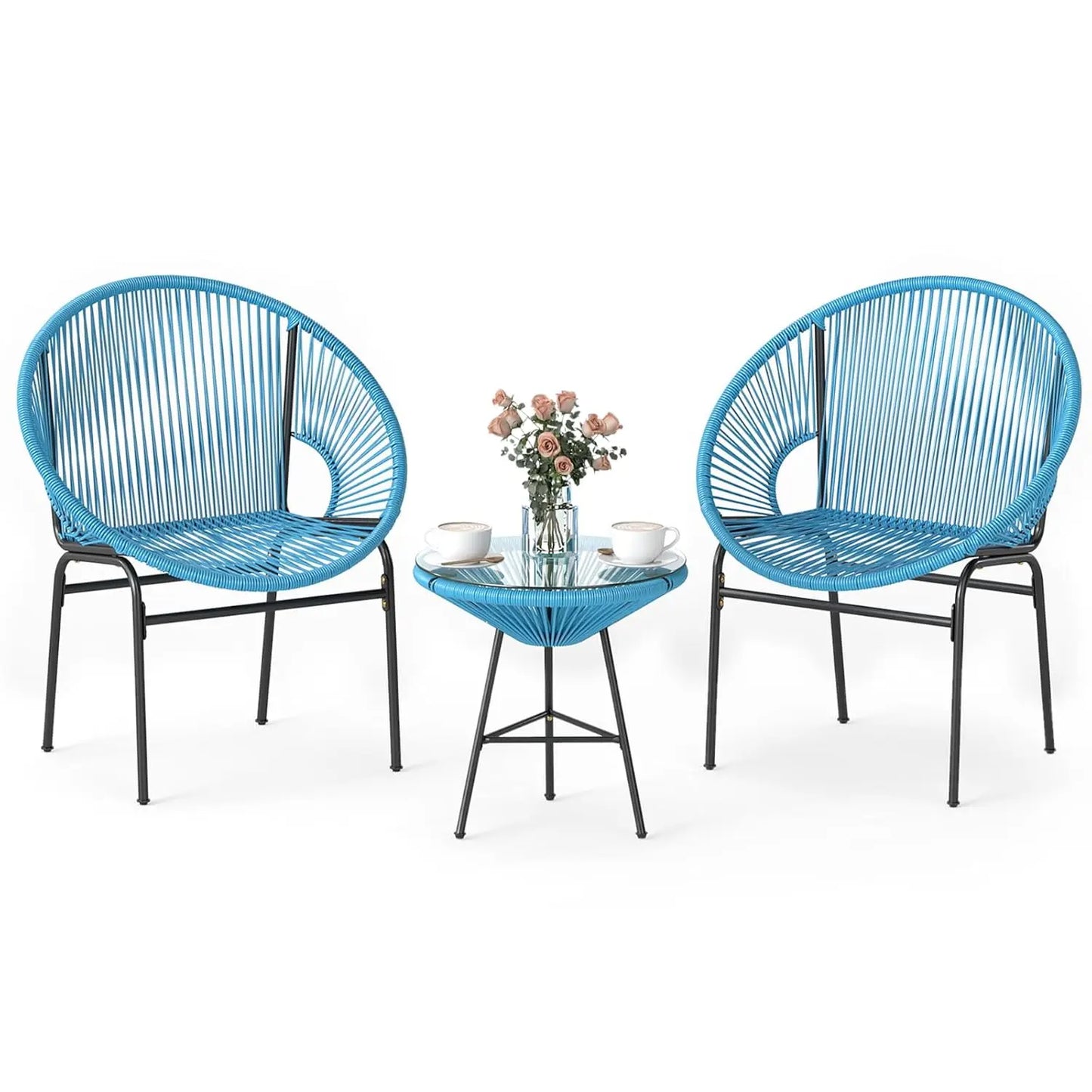 3 Piece Outdoor Patio Furniture Set, Acapulco Chair Set w/Plastic Rope, Tempered Glass Table, Customized