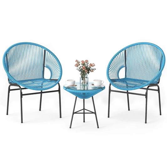 3 Piece Outdoor Patio Furniture Set, Acapulco Chair Set w/Plastic Rope, Tempered Glass Table, Customized