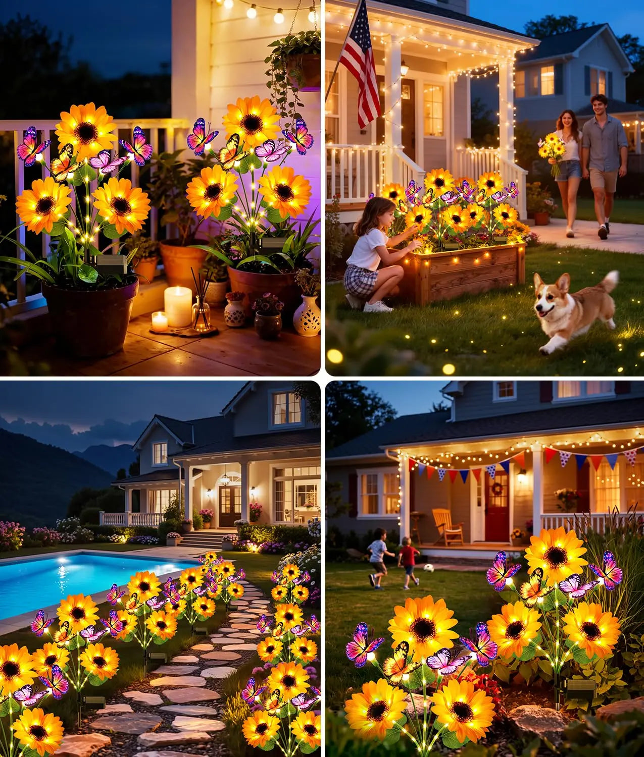 Solar Garden Lights Outdoor Decor, Upgraded 4 Pack Solar Sunflower Lights with 16 Butterflies, Solar Flowers Outdoor Waterproof for Yard Lawn Garden Decor, Sunflower Gifts for Mom Women Grandma