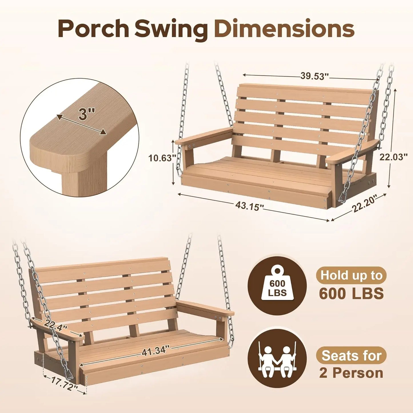Waterproof Porch Swing 600 Lbs Capacity Outdoor Patio