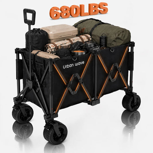 Heavy-Duty Folding Beach Cart - 680LBS Capacity, LargeAll-Terrain Sand Wheels, Cup Holder, 360° Maneuverability -Ideal for Camping, Gardening, Outdoor Sports EquipmentTransport