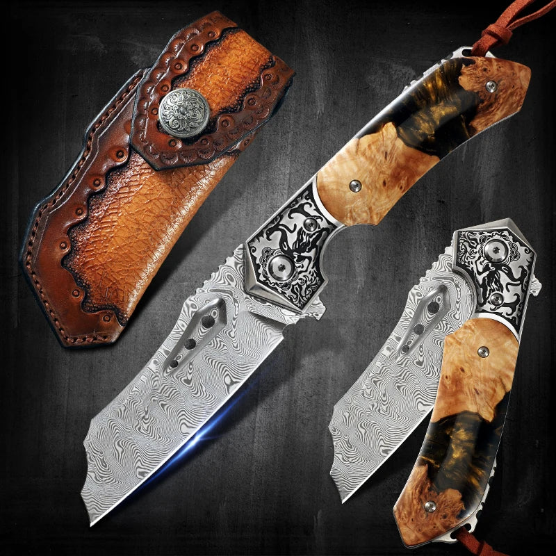 Damascus Steel Pocket Folding Knife With Resin Maple Handle