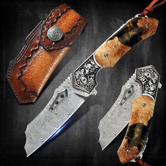 Damascus Steel Pocket Folding Knife With Resin Maple Handle