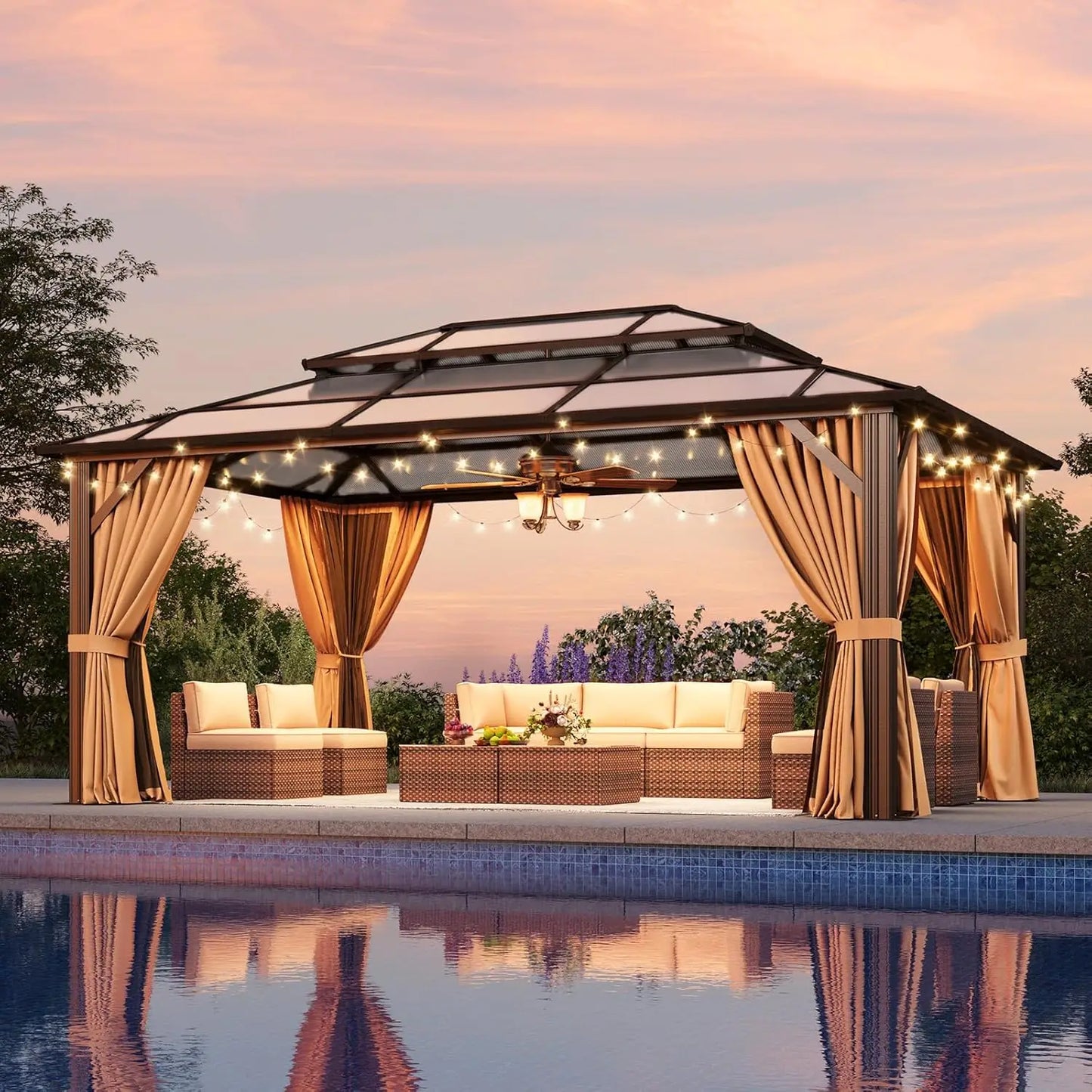 12x16 Hardtop Gazebo Outdoor Metal Double Polycarbonate Roof Netting Curtains Lawn Garden Patio Brown, Custom