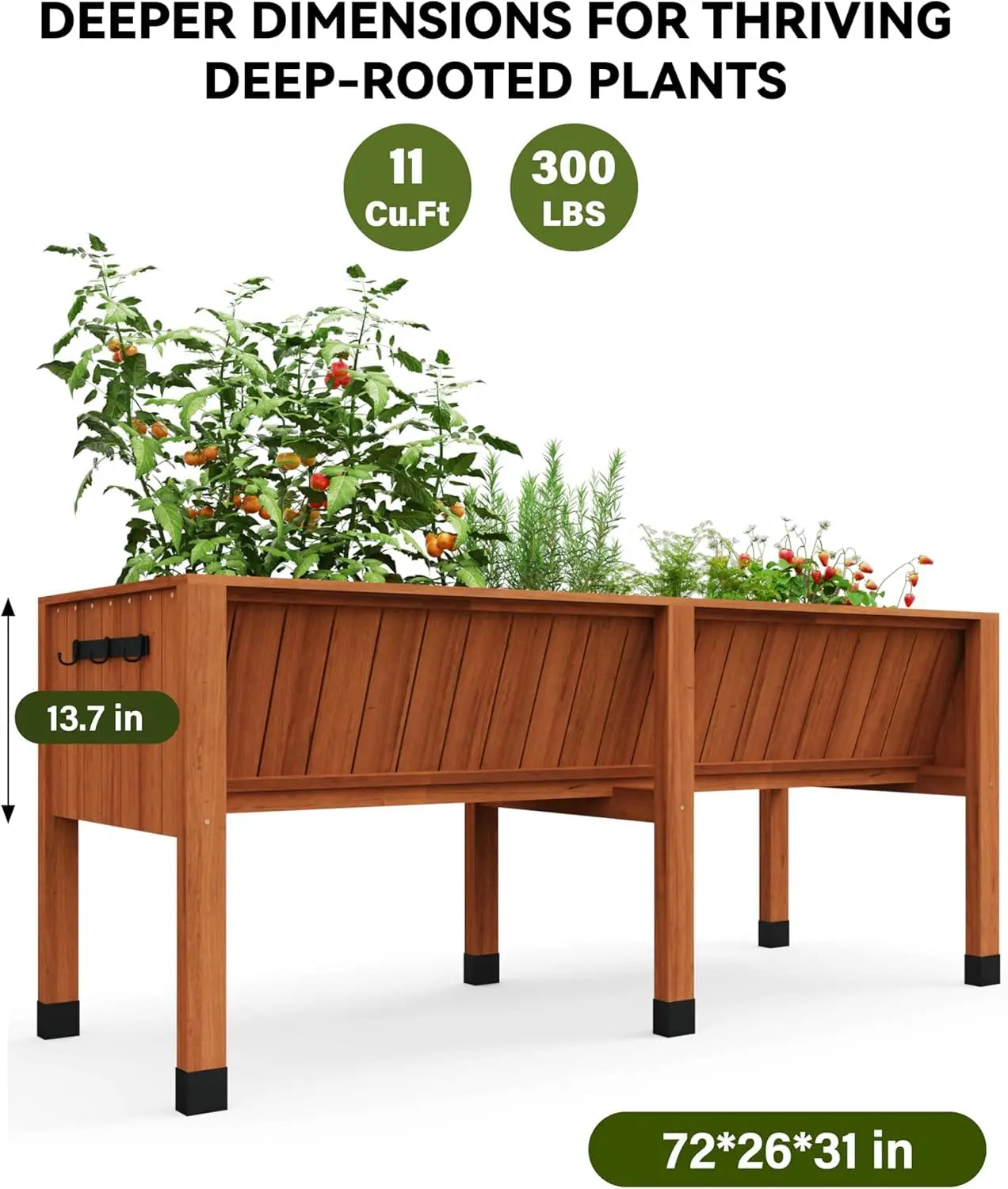 HiMISS Raised Wooden Garden Bed With Tool Hooks And Legs