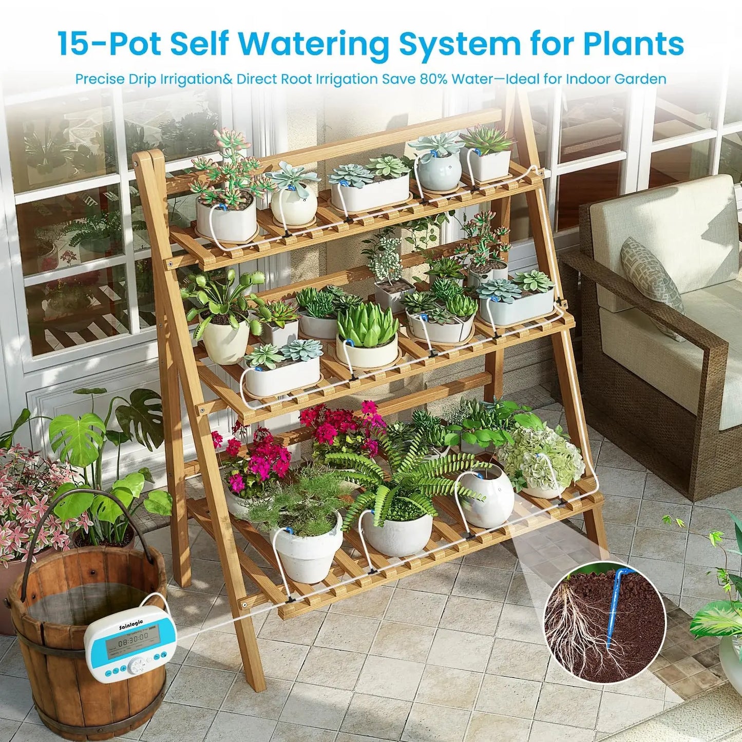 Sainlogic Drip Irrigation Kit, Auto Plant Watering System, Anti-Siphoning Device, 15 Pots DIY Timer Pump for Indoor Garden