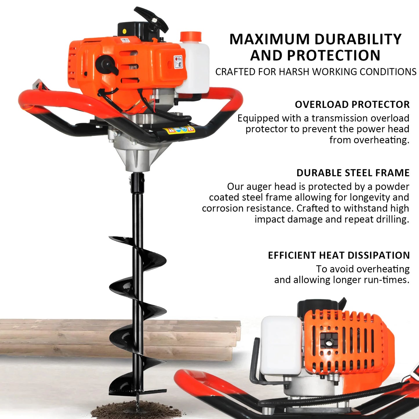 Gas Powered Post Hole Digger With 2-Stroke Engine And Auger Bits