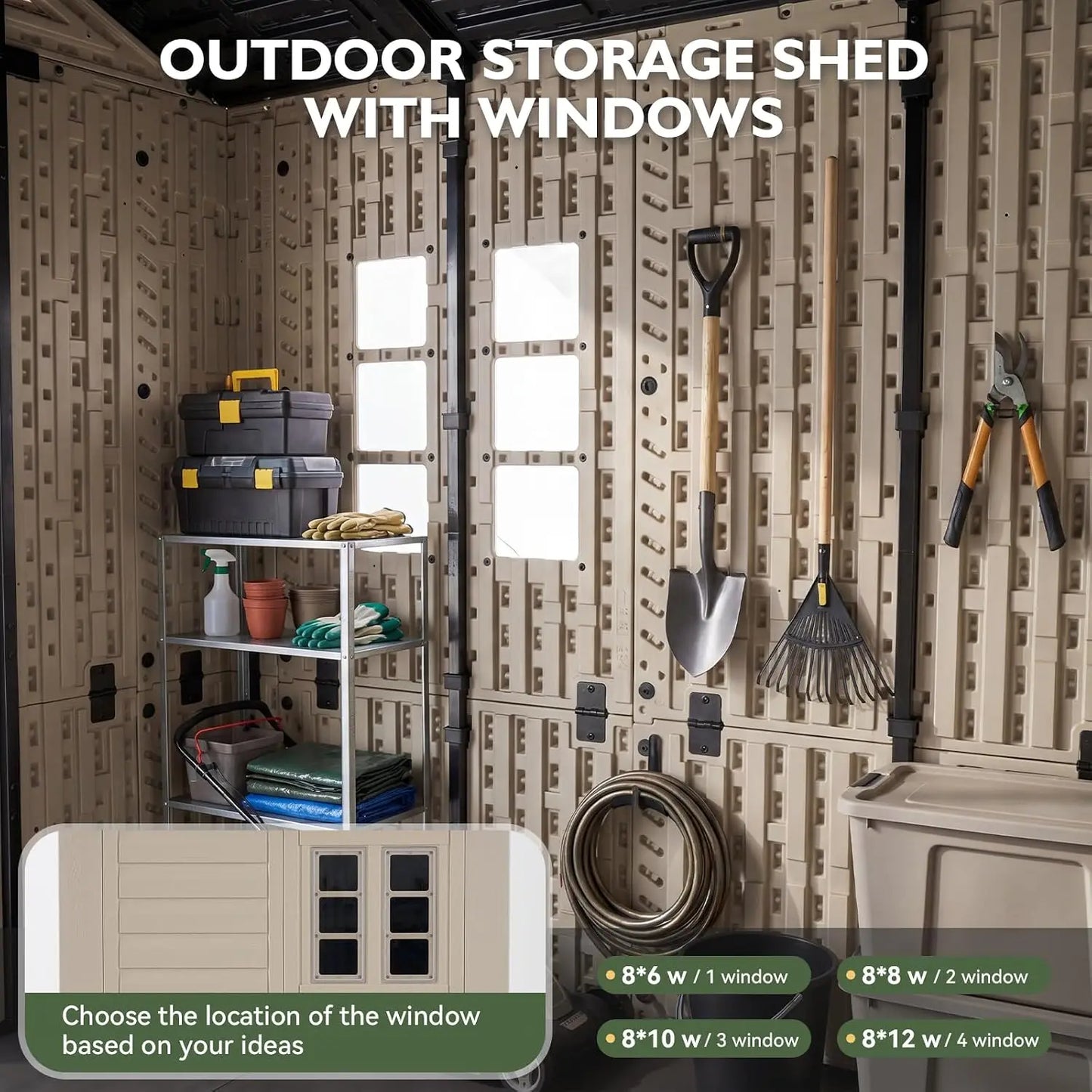 8x6ft Large Resin Outdoor Storage Shed with Floor, Lockable Door & Windows, HDPE for Garden, Custom