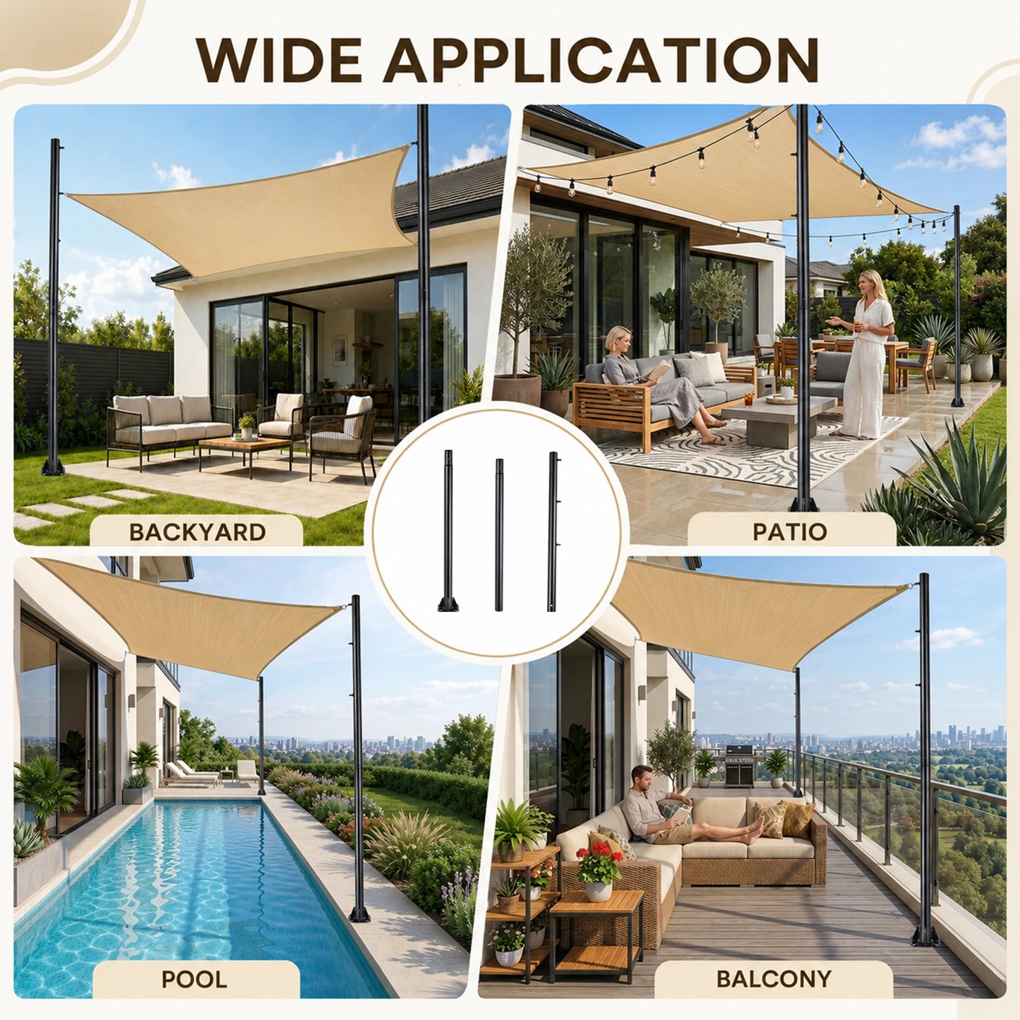 Sun Shade Poles | Rust Proof Thickened 10ft Diameter 2.3in Steel Post | Canopy Support Poles with Carabiner Hooks | for Outdoor Patio Garden Backyard Balcony Camping